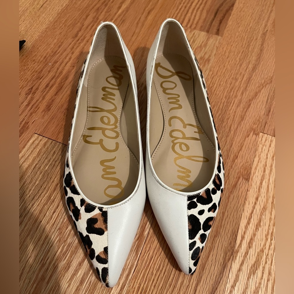 Sam Edelman Half Animal Print Half White Leather Pointed Toe Flats Size 6.5